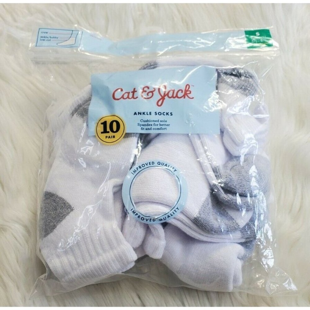 Cat And Jack Cushioned Sole Ankle Socks White (10 pairs) Small Size 5.5 - 8.5